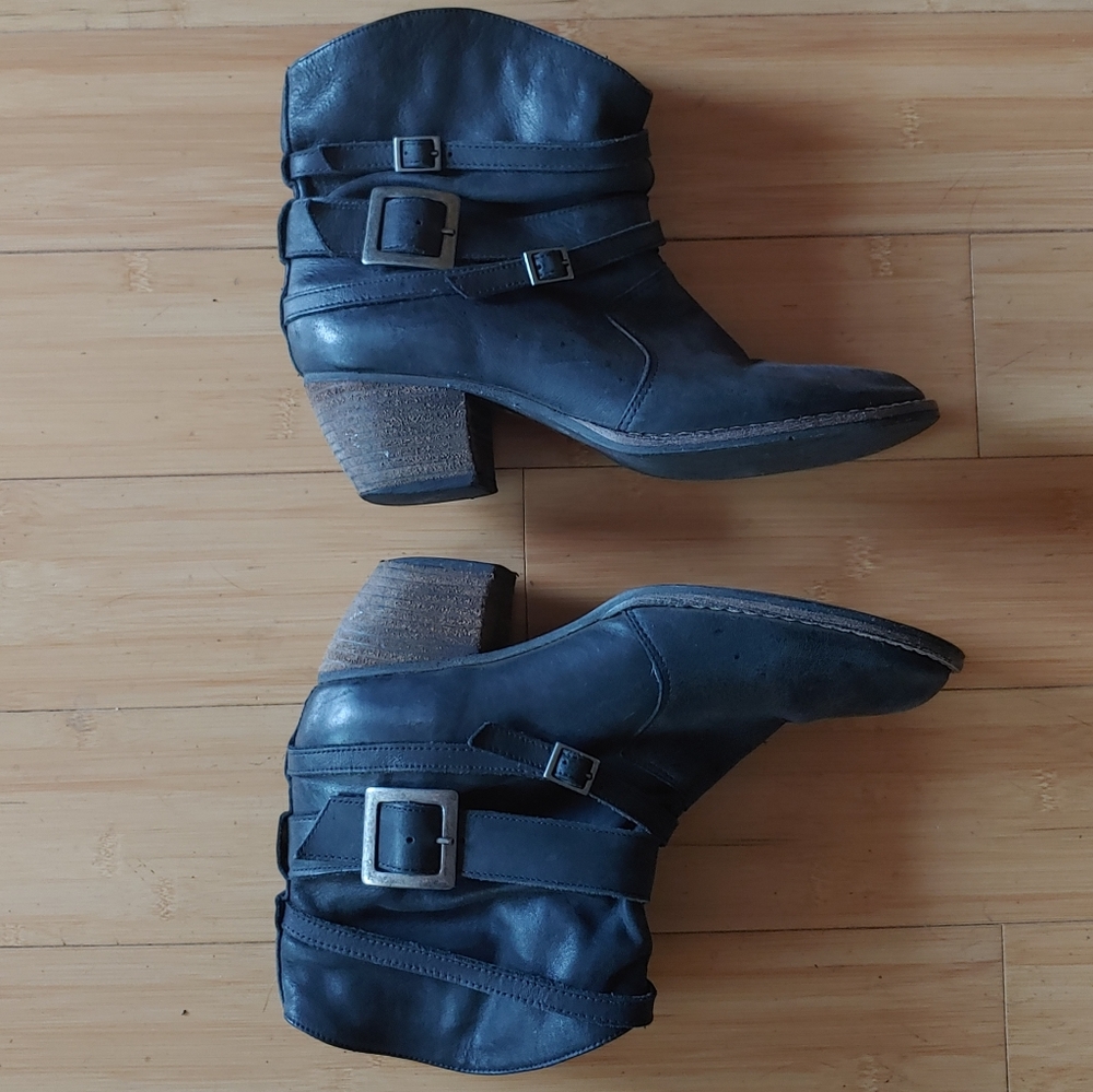Mia black leather buckle strap heeled ankle boots